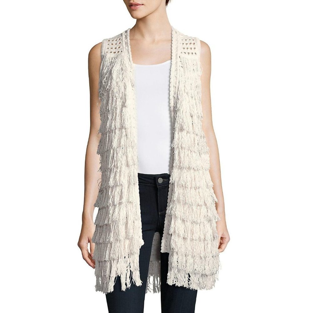 Alice + Olivia NWT Fringe Vest Crochet Cream Silk Extra Small XS
